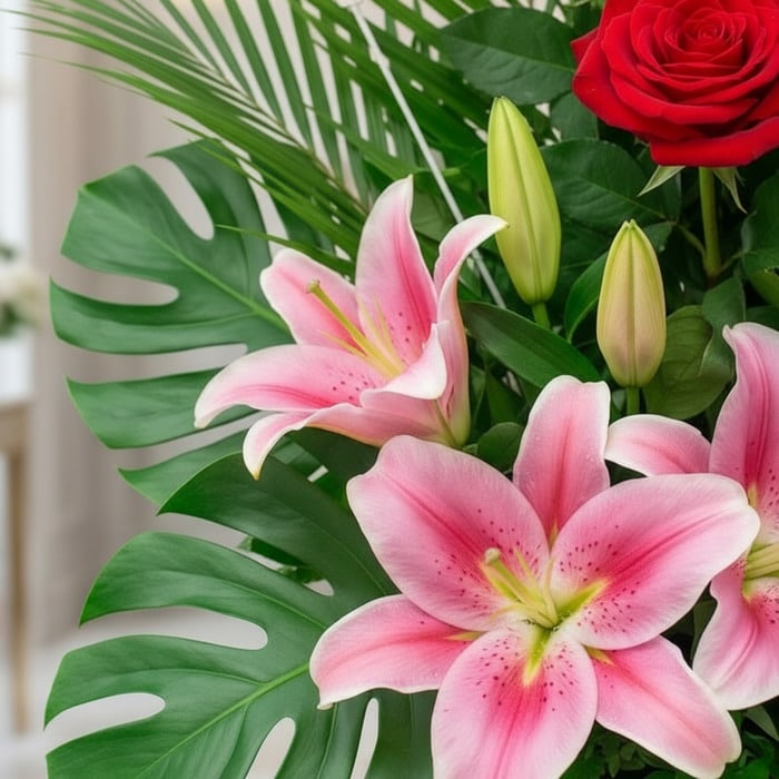 Primer plano extremo de un arreglo floral exótico con lirios rosas vibrantes, capullos de lirio, una rosa roja y hojas de mon