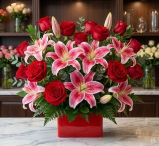 Arreglo floral exótico Feliz Contigo con rosas rojas abiertas y lirios rosados vibrantes, sobre mármol blanco en floristería