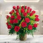 Arreglo floral exótico Secreto con rosas rojas grandes y abiertas, follaje verde exuberante en cesta de mimbre sobre mármol.