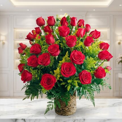 Arreglo floral exótico Secreto con rosas rojas grandes y abiertas, follaje verde exuberante en cesta de mimbre sobre mármol.