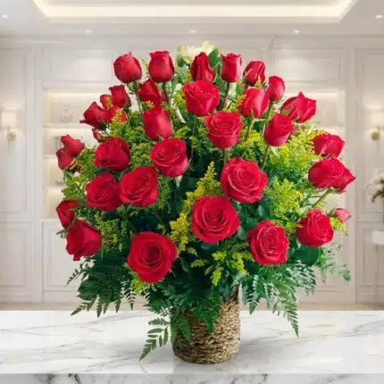 Arreglo floral exótico Secreto con rosas rojas grandes y abiertas, follaje verde exuberante en cesta de mimbre sobre mármol.