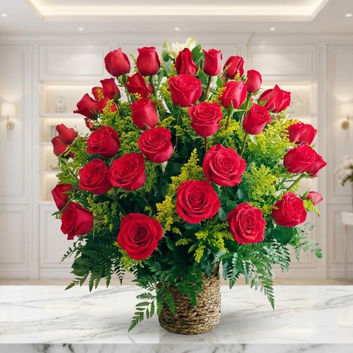 Arreglo floral exótico Secreto con rosas rojas grandes y abiertas, follaje verde exuberante en cesta de mimbre sobre mármol.