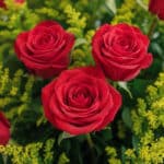 Primer plano extremo de tres rosas rojas vibrantes con sutiles gotas de rocío, rodeadas de follaje verde y flores amarillas,
