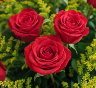 Primer plano extremo de tres rosas rojas vibrantes con sutiles gotas de rocío, rodeadas de follaje verde y flores amarillas,