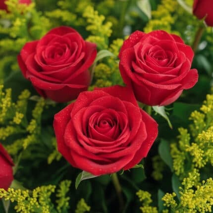 Primer plano extremo de tres rosas rojas vibrantes con sutiles gotas de rocío, rodeadas de follaje verde y flores amarillas,