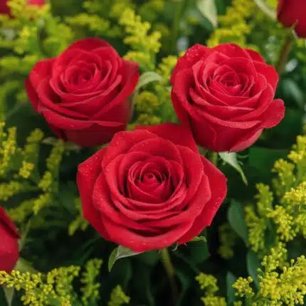 Primer plano extremo de tres rosas rojas vibrantes con sutiles gotas de rocío, rodeadas de follaje verde y flores amarillas,