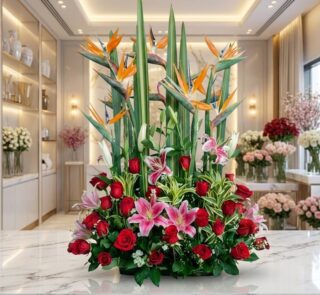 Arreglo floral exótico Siempre Juntos con lirios rosados, rosas rojas vibrantes y aves del paraíso, sobre una superficie de m