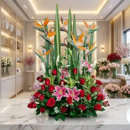 Arreglo floral exótico Siempre Juntos con lirios rosados, rosas rojas vibrantes y aves del paraíso, sobre una superficie de m
