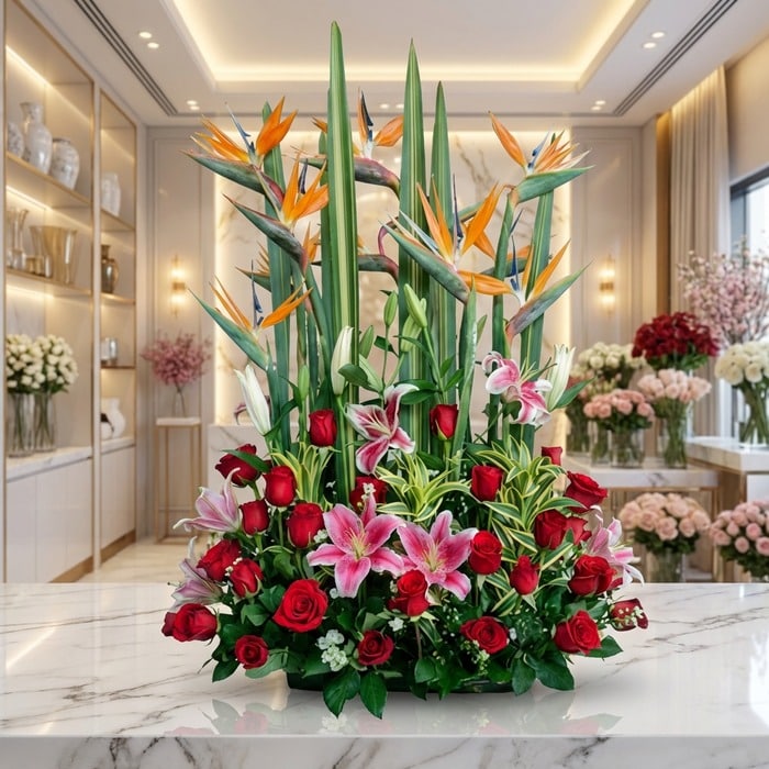 Arreglo floral exótico Siempre Juntos con lirios rosados, rosas rojas vibrantes y aves del paraíso, sobre una superficie de m