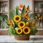 Arreglo floral exótico Fantasía con girasoles vibrantes, aves del paraíso y follaje tropical en una cesta de mimbre, con una