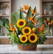 Arreglo floral exótico Fantasía con girasoles vibrantes, aves del paraíso y follaje tropical en una cesta de mimbre, con una
