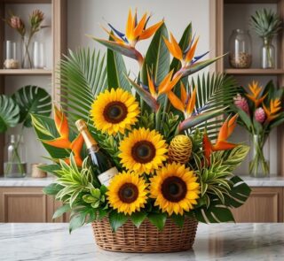 Arreglo floral exótico Fantasía con girasoles vibrantes, aves del paraíso y follaje tropical en una cesta de mimbre, con una