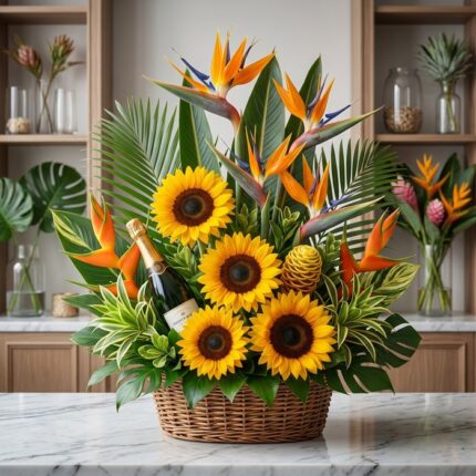 Arreglo floral exótico Fantasía con girasoles vibrantes, aves del paraíso y follaje tropical en una cesta de mimbre, con una
