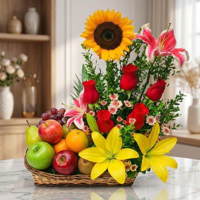 Arreglo floral con frutas Capella, incluye girasol, lirios, rosas rojas, manzanas, peras, uvas y naranjas en una cesta de mim