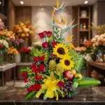 Impresionante arreglo floral con rosas rojas, girasoles vibrantes, aves del paraíso y frutas exóticas como manzanas, uvas y d