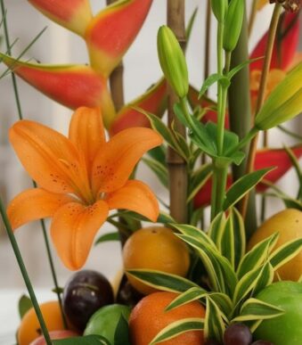 Primer plano extremo de un lirio naranja vibrante con gotas de rocío, parte del Arreglo Floral con Frutas Eclipse, mostrando