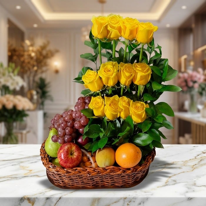 Arreglo floral con rosas amarillas vibrantes y frutas frescas como uvas, manzanas, peras y naranjas en una cesta de mimbre, s
