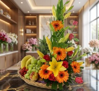 Arreglo floral con frutas Quitana, incluyendo lirios, gerberas y rosas, junto a una cesta de frutas frescas como plátanos, uv