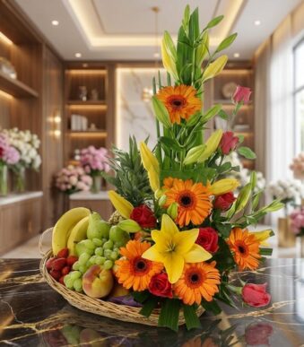 Arreglo floral con frutas Quitana, incluyendo lirios, gerberas y rosas, junto a una cesta de frutas frescas como plátanos, uv