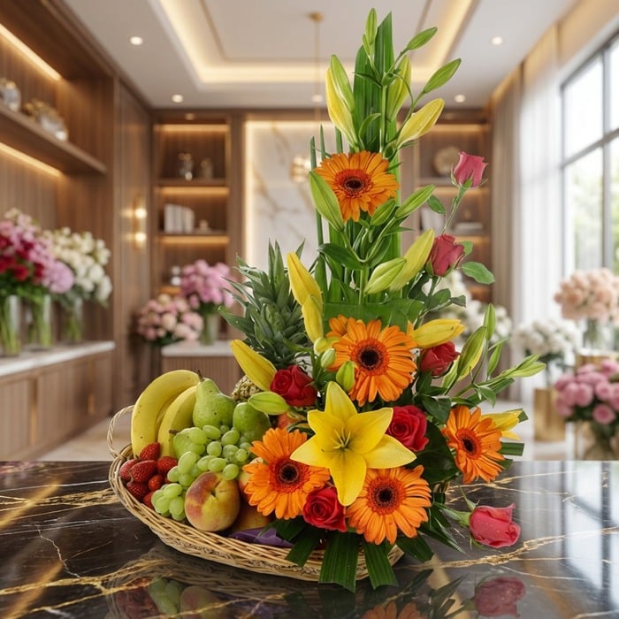Arreglo floral con frutas Quitana, incluyendo lirios, gerberas y rosas, junto a una cesta de frutas frescas como plátanos, uv