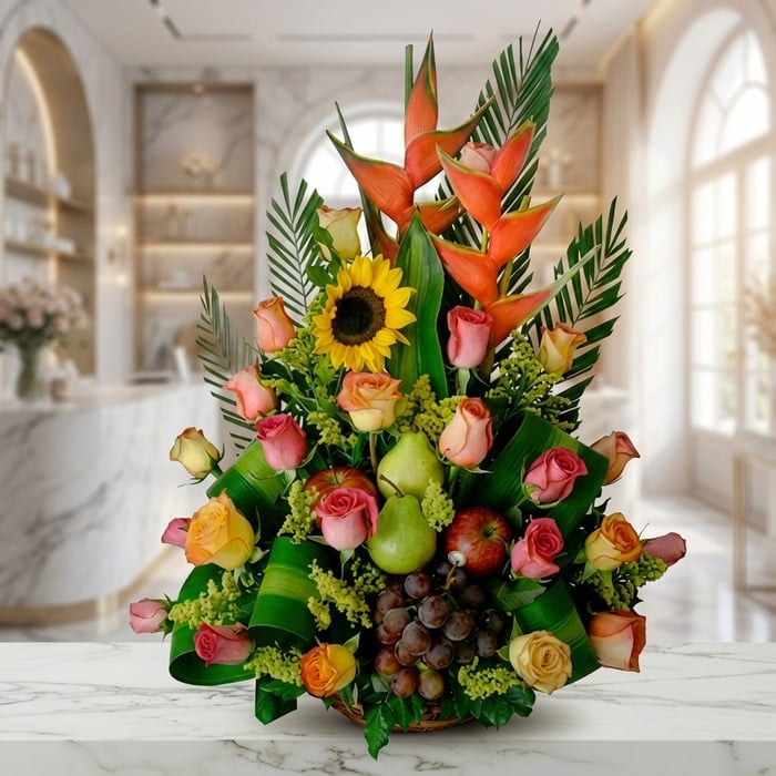 Arreglo floral con rosas de colores, girasoles, heliconias, uvas, peras y manzanas, sobre una superficie de mármol en un ento