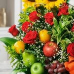 Primer plano extremo de Arreglo Floral con Frutas Trópico, mostrando rosas rojas, girasoles, naranjas, manzanas, peras y uvas