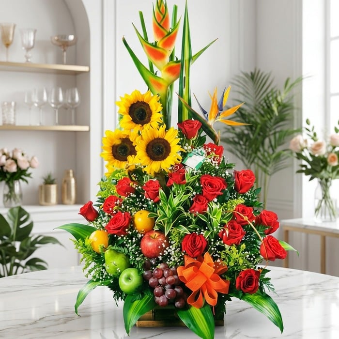 Arreglo floral grande y vibrante con girasoles, rosas rojas, heliconias, aves del paraíso y frutas tropicales frescas como ma