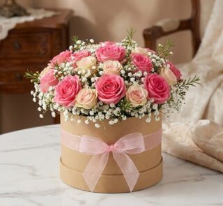 Arreglo floral GIADA con 12 rosas frescas rosadas y crema en una caja redonda de cartón con lazo rosa, ideal para regalo.