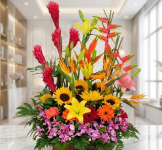 Arreglo floral exótico GINGER con orquídeas hawaianas, heliconias, girasoles y lirios en tonos vibrantes, sobre mármol.