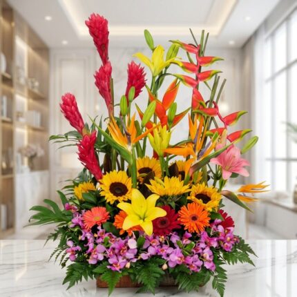 Arreglo floral exótico GINGER con orquídeas hawaianas, heliconias, girasoles y lirios en tonos vibrantes, sobre mármol.