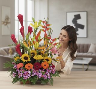 Mujer joven sonriente admirando un arreglo floral exótico GINGER con orquídeas hawaianas, heliconias, girasoles y ginger en u