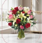 Arreglo floral GIORGIA con rosas rojas, rosas rosadas y lirios blancos en un jarrón de cristal, sobre una mesa de mármol con