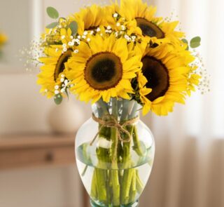 Arreglo floral de girasoles vibrantes en un jarrón de cristal transparente con lazo de yute, sobre un fondo elegante y suavem
