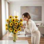 Mujer elegante y natural admirando con deleite un gran arreglo floral de girasoles LENU en un jarrón de cristal con lazo dora