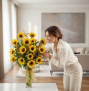Mujer elegante y natural admirando con deleite un gran arreglo floral de girasoles LENU en un jarrón de cristal con lazo dora