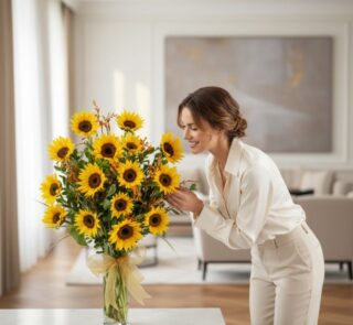 Mujer elegante y natural admirando con deleite un gran arreglo floral de girasoles LENU en un jarrón de cristal con lazo dora