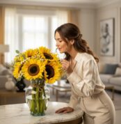 Mujer elegante admirando y oliendo un vibrante arreglo floral de girasoles en un jarrón de cristal sobre una mesa de mármol e