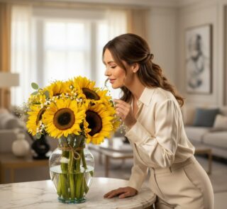 Mujer elegante admirando y oliendo un vibrante arreglo floral de girasoles en un jarrón de cristal sobre una mesa de mármol e