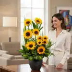 Mujer elegante admirando el Arreglo Floral GIULIANA con Girasoles Radiantes en un hogar de alto diseño con luz natural suave.