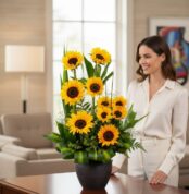 Mujer elegante admirando el Arreglo Floral GIULIANA con Girasoles Radiantes en un hogar de alto diseño con luz natural suave.