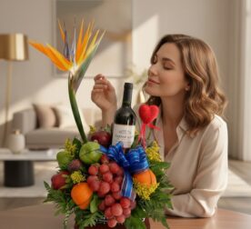 Mujer elegante admira Arreglo Floral Gourmet ITALINA con vino tinto, uvas, manzanas, naranjas y ave del paraíso en un hogar d