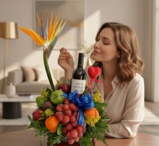Mujer elegante admira Arreglo Floral Gourmet ITALINA con vino tinto, uvas, manzanas, naranjas y ave del paraíso en un hogar d