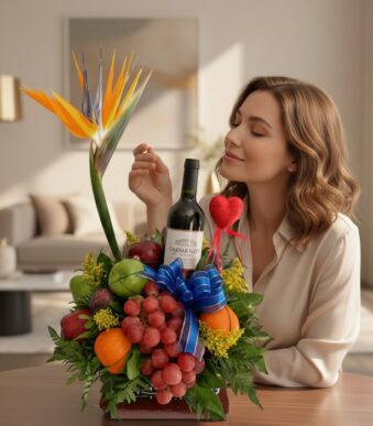 Mujer elegante admira Arreglo Floral Gourmet ITALINA con vino tinto, uvas, manzanas, naranjas y ave del paraíso en un hogar d