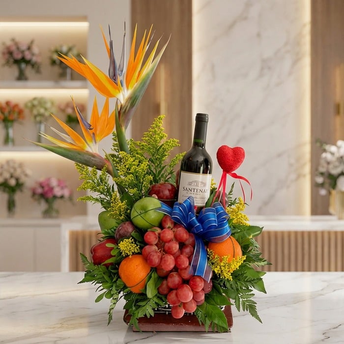 Arreglo floral gourmet ITALINA con vino tinto Santenay, uvas rojas, manzanas, naranjas y flores exóticas Ave del Paraíso, sob