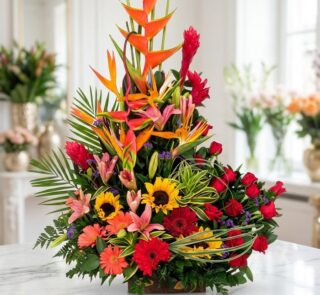 Arreglo floral IDARA exótico y vibrante con rosas rojas, girasoles, lirios y aves del paraíso, sobre mármol en floristería pr