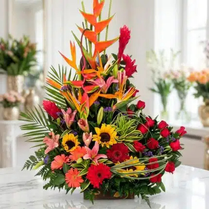 Arreglo floral IDARA exótico y vibrante con rosas rojas, girasoles, lirios y aves del paraíso, sobre mármol en floristería pr