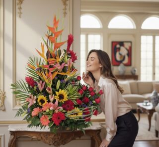 Mujer elegante admirando con deleite el Arreglo Floral IDARA, un diseño exclusivo con rosas y flores exóticas en un lujoso in