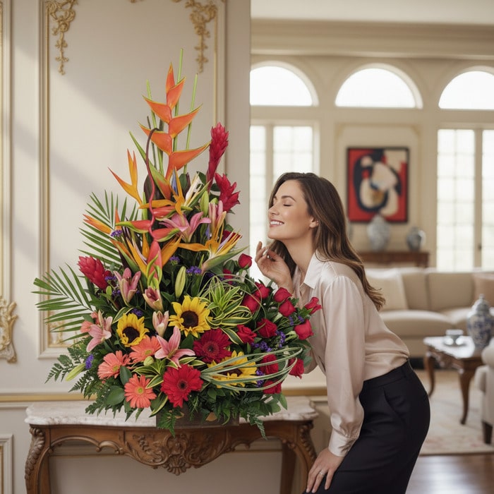 Mujer elegante admirando con deleite el Arreglo Floral IDARA, un diseño exclusivo con rosas y flores exóticas en un lujoso in