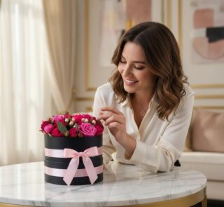 Mujer elegante admira Arreglo Floral LILIAN con rosas lila y rojas en caja negra con moño rosa, sobre mesa de mármol en inter