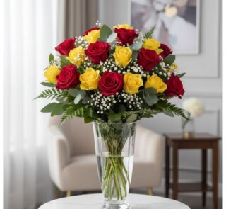 Arreglo floral LORENZA con 24 rosas rojas y amarillas en un jarrón de cristal, sobre una mesa blanca con fondo elegante y luz